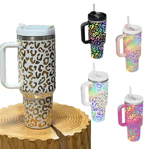 Pronto per la spedizione stampa leopardata h2.0 sublimazione bicchiere da 40 once Adventure Quencher Tumbler con manico e tazza da viaggio in paglia