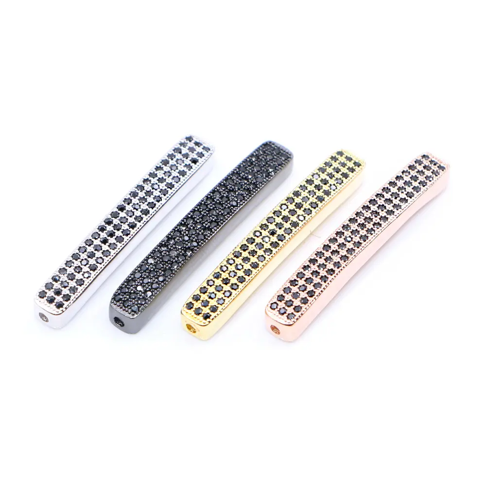 35mm Straight Through copper Connectors accessories Three rows black zircon long tube spacer beads bracelets for jewelry making