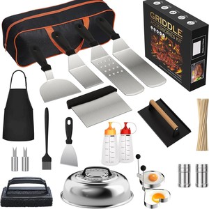 Kit d'accessoires de plaque chauffante en acier inoxydable accessoires de gril à plat en plastique spatules pliables robustes grattoir <span class=keywords><strong>hachoir</strong></span> extérieur - Product Image 2