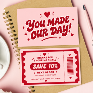 Biglietto Coupon Personalizzato per Piccole Imprese, Design con Lettere Grasse Rosa e Rosse, Voucher Sconto Bifacciale, Biglietto da Inserire nel Pacchetto - Product Image 1