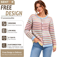 Cardigan en tricot rayé pour femme, doux et moelleux, à col rond et boutonnage, personnalisable OEM/ODM, vente en gros directe usine, pour usage quotidien