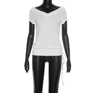 Viviblook C26TP254 Camiseta informal de verano para mujer, nueva, sexy, con cuello en V, hombros descubiertos y cordón ajustable. - Product Image 3