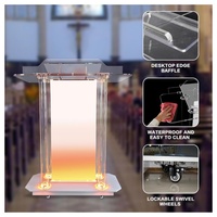 Pupitre moderne en acrylique éclairé par LED avec panneau de logo personnalisé détachable, lutrin transparent roulant pour événements, conférences et mariages