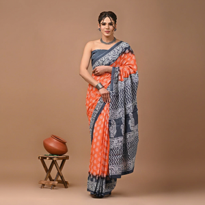 Sari de Algodón Mulmul Estampado con Blusa a Juego, Sari de Algodón Mulmul Ligero y Elegante - Cómodo para Uso Diario - Product Image 1