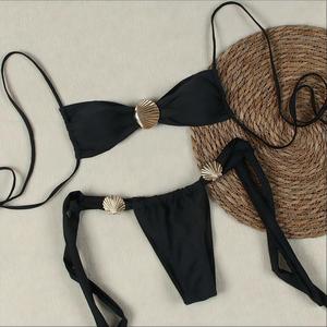 Conjunto de Bikini de 2 Piezas para Mujer, Decoración Metálica Dorada, Halter con Lazos Laterales, Traje de Baño sin Espalda, para Vacaciones de Verano en la Playa, Venta al Por Mayor - Product Image 1