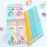 Ensemble de crayons de dessin créatifs pour enfants, couleur macaron, avec gomme, motif dessin animé mignon, crayon en bois standard HB avec trou