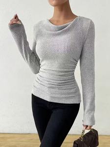 Pull en tricot à manches longues pour femme, taille plus, couleur unie, style coréen, anti-boulochage, respirant, polyester, col rond, automne/hiver - Product Image 5