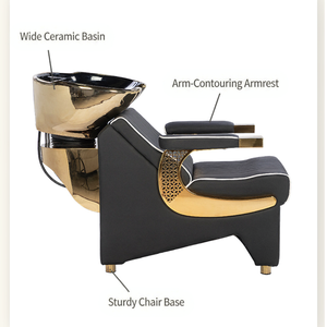 Sillón de Lavado de Cabello Moderno Negro y Dorado para Salón, Semicómodo, con Estructura de Aluminio y Lavabo de Cerámica, Mueble de Salón - Product Image 6