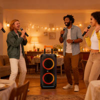 Altavoz Portátil Doble de 8 Pulgadas para Fiestas con Carrito, Micrófono Inalámbrico, Luces LED, Bluetooth, FM, USB Recargable