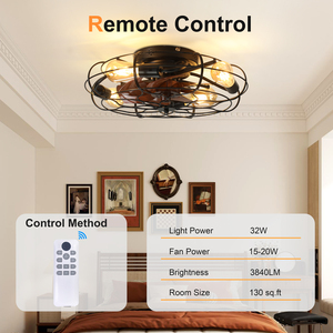 19.7" Industrial Caged Ceiling Fan with Light, 6-Speed Reversible DC Motor, E26 <b>Bulb</b> Base, Farmhouse Decor for Bedroom kitchen - Product Image 3