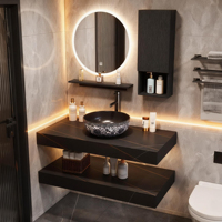 Ensemble de meuble-lavabo de salle de bain en céramique et pierre de quartz, style hôtel de luxe léger, avec vasque sans joint et toilettes intégrées