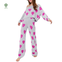 Vente en gros de pyjamas surdimensionnés personnalisés à col bateau en forme de cœur pantalon de jogging ensemble de pulls pour femmes en tricot de polyamide jacquard deux pièces