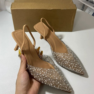 รองเท้าส้นเข็มแบบเปิดส้นประดับมุกสำหรับผู้หญิง ปลายแหลม สายรัดข้อเท้า ปิดนิ้วเท้า - Product Image 1