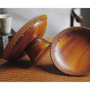 Retro Rattan High-Legged Tea And Snack Plate Japanese Walnut Wood Fruit Tray <b>Bamboo</b> Woven Serving Tray For Home Use Handmade - Product Image 4