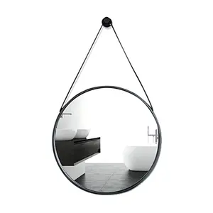 Decorative Modern Round Hanging Mirror With PU Leather Strap Hanger Metal Framed Mirror For Home Decor