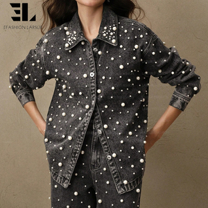 Jaqueta de Denim Personalizada LARSUR com Pérolas e Diamantes, Camisa Overshirt com Lavagem Desgastada para Mulheres - Product Image 6