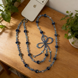 Chaîne de téléphone longue personnalisable, lumineuse, faite à la main, avec perles, nœud de luxe, perles de cristal, bandoulière - Product Image 2