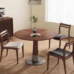 Mesa de Comedor Redonda Nórdica de Madera Maciza de Nogal con Tapa de 3 cm de Grosor y Base de Acero Inoxidable para Apartamentos Pequeños y Uso Doméstico - Product Image 3