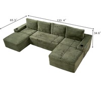 Canapé modulaire en forme de U de 135 pouces sans structure, avec double chaise longue, en velours côtelé vert, pour salon et soirées cinéma