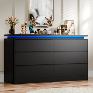 Cómoda Negra de 6 Cajones con Diseño de Perfil Curvo para Dormitorio, Cómoda de 47.2 Pulgadas de Largo con Estación de Carga y Luces LED - Product Image 1