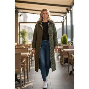 Manteau matelassé kaki décontracté pour femme Vetre, grande taille, doublure à carreaux, 120 cm de long, veste d'automne et d'hiver - Product Image 1