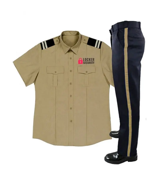 Uniformes de guarda de segurança personalizados de fábrica, uniforme de oficial, camisa e calças, conjunto estampado de manga curta, tricô de verão, cor pura