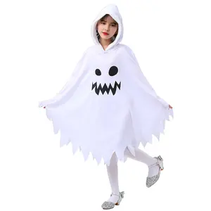 व्हाइट घोस्ट बू कॉसप्ले स्पुकी हुडेड क्लोक, हैलोवीन पार्टी प्रदर्शन के लिए अंधेरे में बच्चों की डरावनी चमक वाली हेलोवीन पोशाक