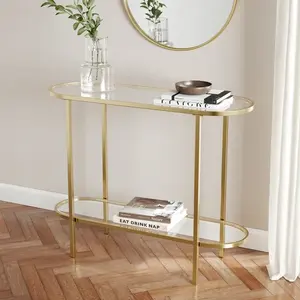 Elegante Mesa Consola Moderna con Cubierta de Vidrio Templado, 2 Estantes, Mesa de Entrada con Patas de <span class=keywords><strong>Metal</strong></span> Dorado - Product Image 4