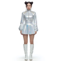 Damen Silbernes Langarm Halloween Party Metallic Crop Top und Rock Set K-Pop Festival Bühnenoutfit