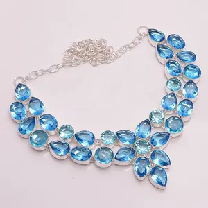 Collar de plata de ley 925 sólida, joyería de piedras preciosas de cuarzo de Topacio azul Natural, joyería disponible