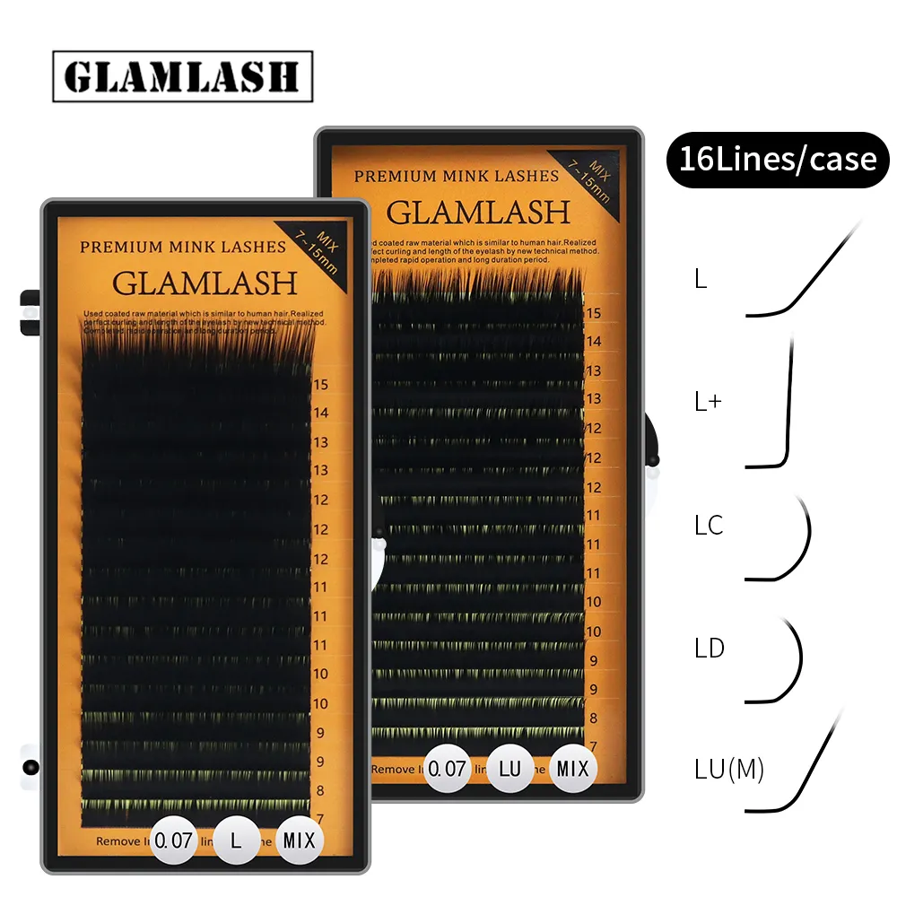 GLAMLASH OEM 16 원시 속눈썹 연장 인조 밍크 매트 개인 라벨 혼합 트레이 볼륨 개별 L 컬 속눈썹