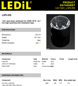 เลนส์ LED แบบจุด 7 องศา Ledils CA11481_LXP2-RS Φ21.6 มม. สูง 14.65 มม. ทำจาก PMMA พร้อมเทปกาวสำหรับหลอดไฟ Crees XP‑E XP‑G LED - Product Image 2