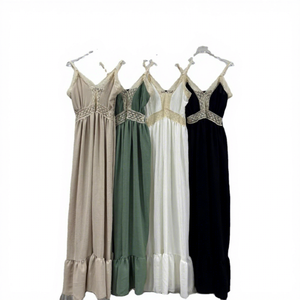 Nuovo <span class=keywords><strong>Abito</strong></span> Primaverile 100% <span class=keywords><strong>Lino</strong></span> Lunghezza al Ginocchio, Scollo a V, Stile Casual da Ufficio e Streetwear, con Spalline e Pieghe per Donne - Product Image 1