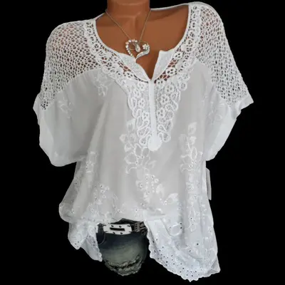 2024 летние женские блузки с коротким рукавом и топы свободные белые кружевные лоскутные рубашки больших размеров 4xl 5xl женская повседневная одежда