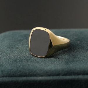 Xinfly Sweat Proof Pure 18K 750 Real Gold Jewelry Natural Square <b>Black</b> Agate Signet Retro <b>Ring</b> for <b>Men</b> - Product Image 5