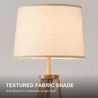 Lampadaire trépied en bois avec étagère ronde et abat-jour en tissu pour salon, chambre, chambre d'hôtel, salle d'attente