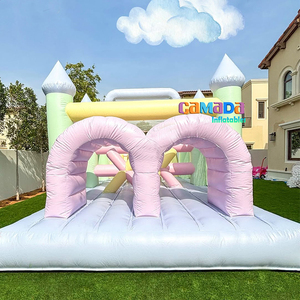 Maison de rebond <span class=keywords><strong>rose</strong></span> arc-en-ciel en PVC de qualité commerciale parcours d'obstacles intérieur/extérieur et grand toboggan avec jeux d'escalade - Product Image 3