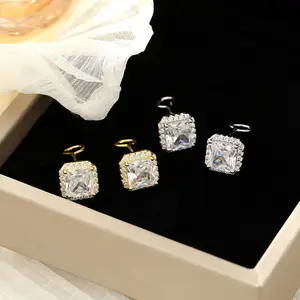 Fashion Fine Jewelry 925 Sterling Silver Simple Earrings Square Full Diamond Gold Plated Stud Earrings For Women