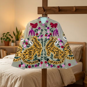 Chaqueta Bomber Acolchada Bordada con Estampado de Tigre y Flores para Mujer, Estilo Bohemio Prairie Chic, Manga Larga, Botones Cubiertos, Cuello Redondo, 100% Nailon - Product Image 1