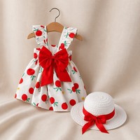 Boetiek meisjesjurk met hoed, mouwloos, geruite bandjes, vierkante hals, empiretaille, strik, bloemenprint, groothandel, peuterensemble