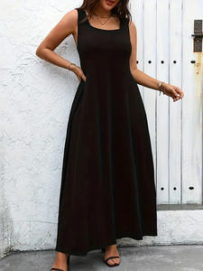 Kadın yaz giyim bayanlar düz renk kayış rahat yaz uzun Vestidos Para Mujer siyah gevşek A-line artı boyutu elbiseler - Product Image 2