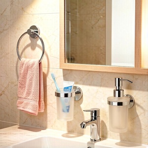Distributeur de <span class=keywords><strong>savon</strong></span> liquide en verre givré de forme ronde en alliage de zinc de haute qualité, moderne, à fixation murale, Metalique 56055B-CR argenté - Product Image 6
