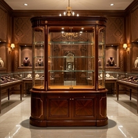 Vitrine de présentation de bijoux en bois sculpté de style européen, comptoir d'îlot incurvé pour les bijouteries haut de gamme en or et en jade