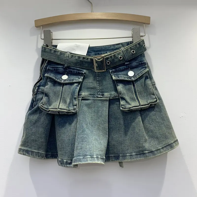 Groothandel Zomer Denim Geplooide Rok 3d Zakken Vintage Cargo Rok Retro Hoge Taille Effen A-Lijn Jean Jurk