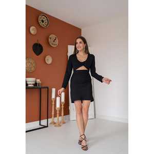 เดรสทรงเข้ารูปสีดำสุดหรู คอวีเว้าด้านหน้า สวมใส่สบายสำหรับงานกลางคืน เอวทรงธรรมชาติ แขนยาว - Product Image 4