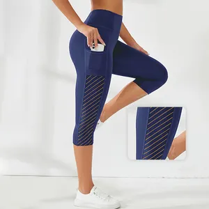 New design Custom Logo Women Capri Pants Mesh Sheer Breathable Girls Summer Workout Wear Elastic Leggings Solid Color For Ladies