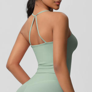 Toptan seksi düz renk hızlı kuru çıplak duygu Slim Fit egzersiz spor koşu günlük giyim kadınlar Yoga tekli üst - Product Image 4