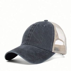 Wholesale Outdoor <b>Sunscreen</b> Worn-out Breathable Mesh Solid Vintage Style Cotton Women's High Top Hat Ponytail Baseball Cap - Product Image 3