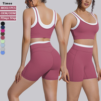 Kleurblok Workout Set Geribbelde Schokabsorberende Push-up Sportbeha Hoge Taille Buikverstevigende Heupliftende Shorts Yoga Set