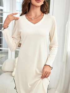 महिलाओं के लिए ऑर्गेनिक बांस कॉटन रिब्ड डिजाइनर कपड़े पजामा लंबी झालरदार आस्तीन नाइटगाउन कस्टम नाइट ड्रेस - Product Image 2